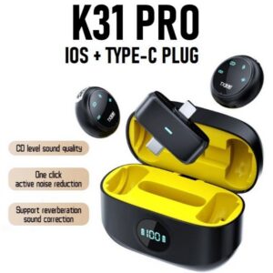 میکروفون فوق حرفه ای بی سیم یقه ای دومیکروفونه سکه ای تولید محتوا مدل K31 PRO (ارسال رایگان سریع)